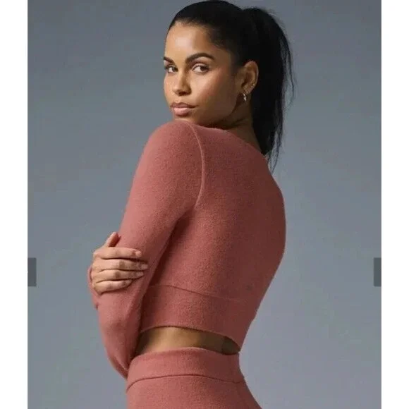 ALO Yoga Women's NWT Alolux Cropped Me Time Cardigan Sweater Terracotta Medium - Picture 2 of 8